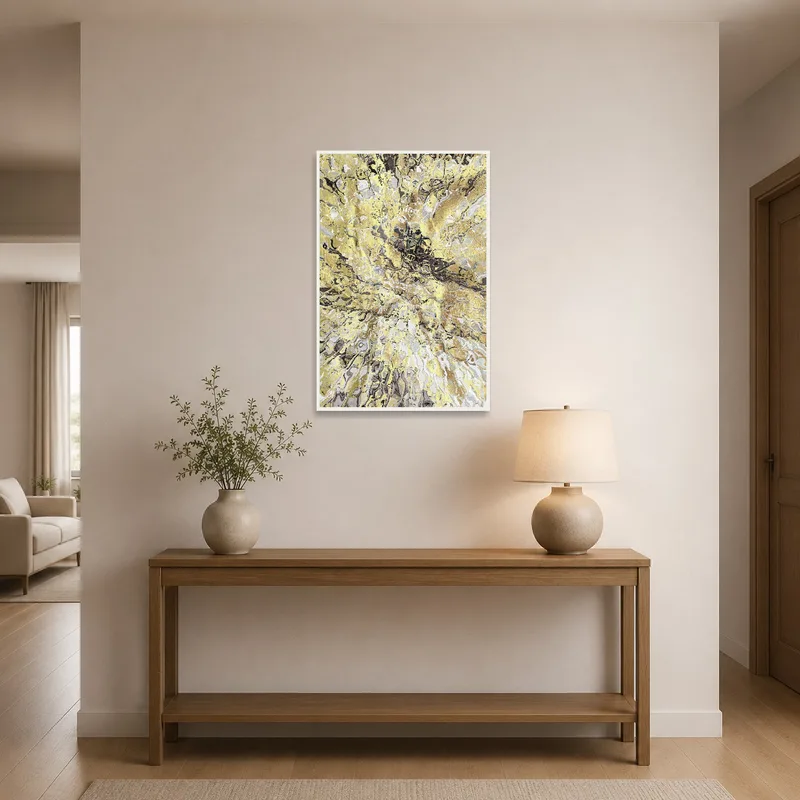 Sophisticated abstract print enhances the entrance hall with its gold and gray tones.