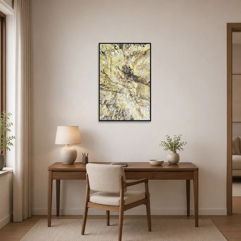 Textured artwork elevates a home office, creating an inspiring workspace.