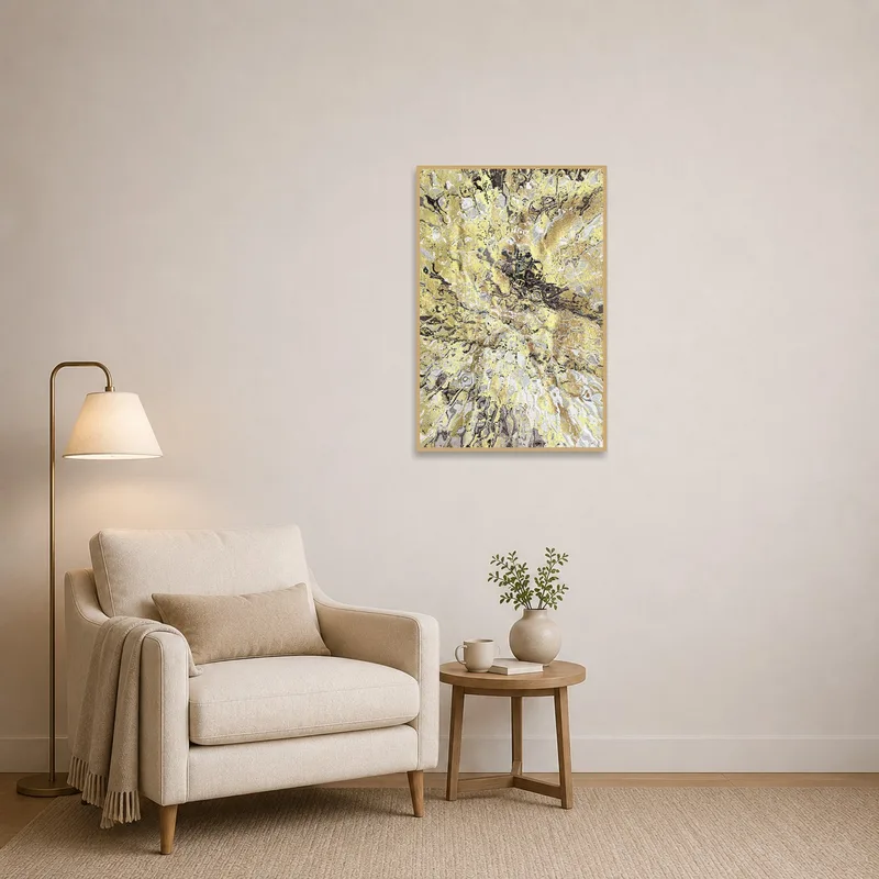 The print's textures create a cozy atmosphere in a reading corner with plush seating.