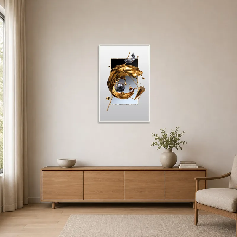 Abstract gold and marble art piece in a minimalist room setting.