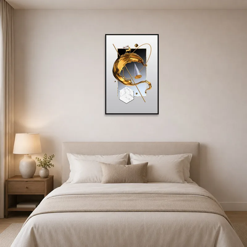 Sophisticated gold and marble art print complementing a calming bedroom.