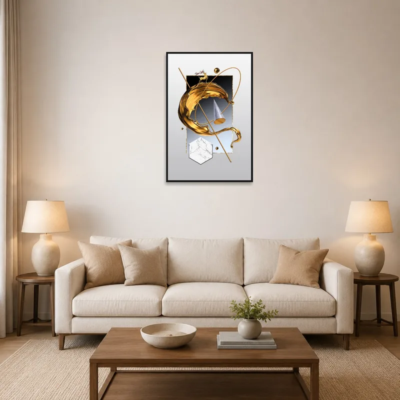 Gold and marble geometric art print above a modern sofa in a living room.