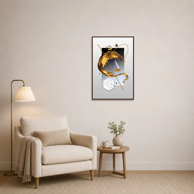 Geometric art print embellishing a cozy reading corner.