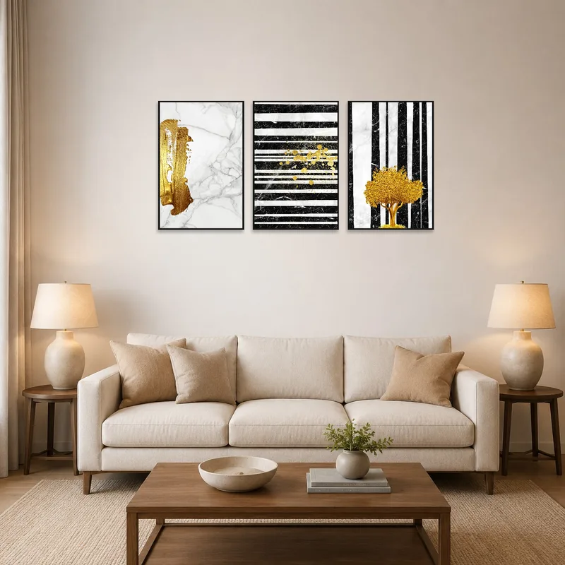 Abstract gold and marble triptych on a living room wall above a modern sofa.