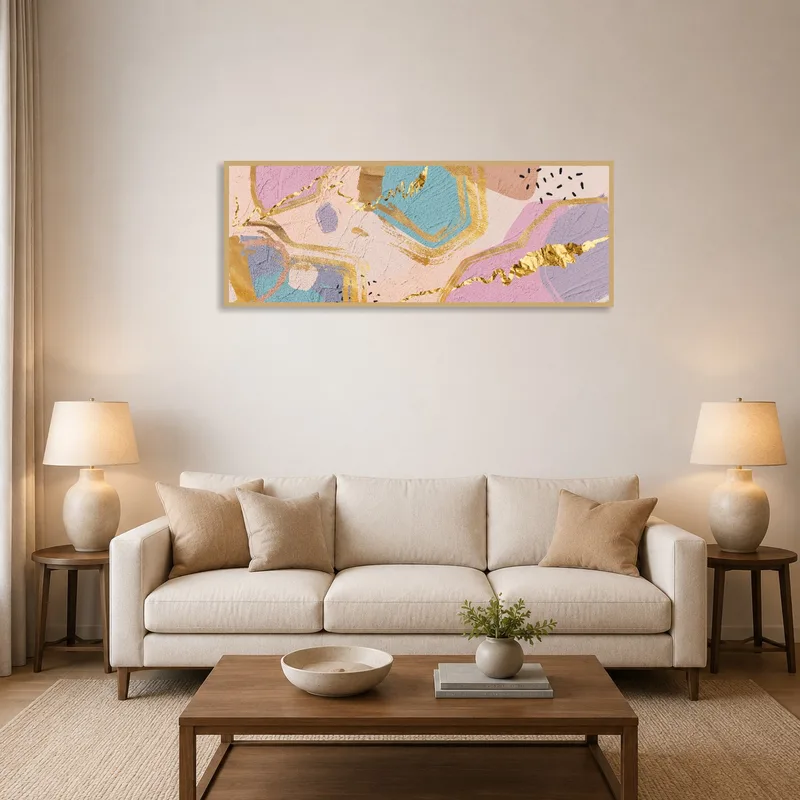 Abstract gold and pastel geometric art print on a living room wall above a modern sofa.