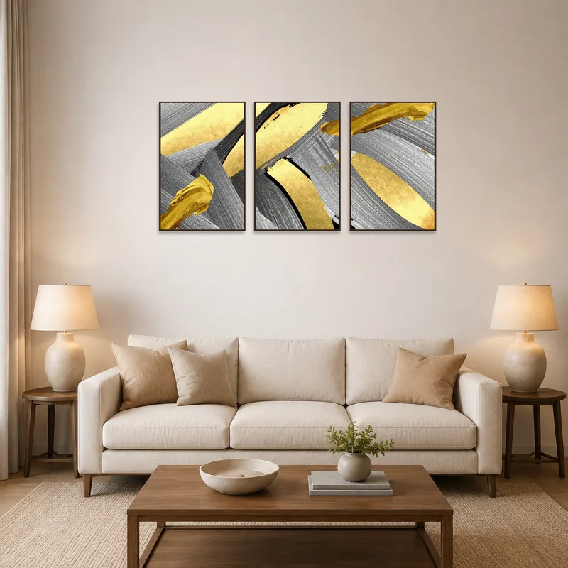 Abstract gold and silver brushstroke triptych set above a modern sofa in a stylish living room.