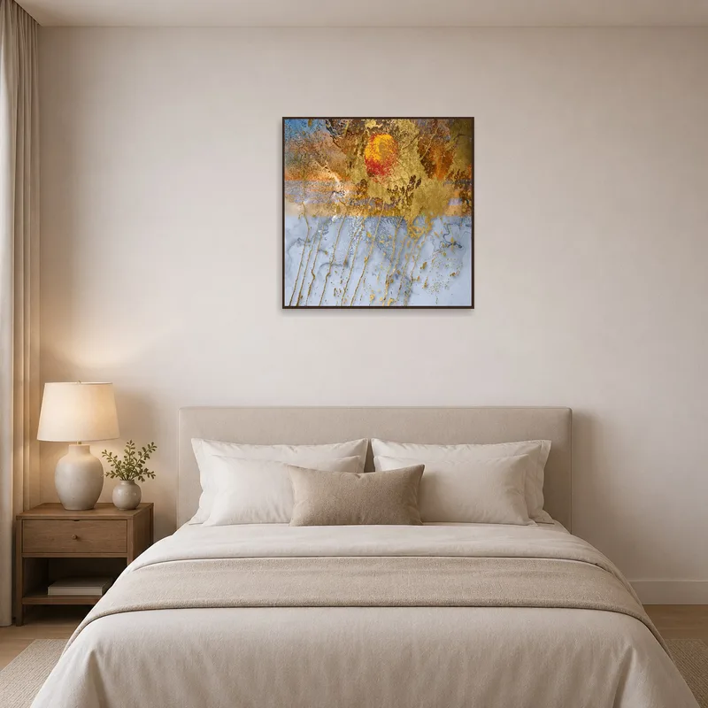 Gold and sunset-themed artwork adding elegance to a serene bedroom.