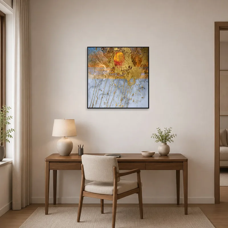 Sunset and gold abstract art elevating the home office ambiance.