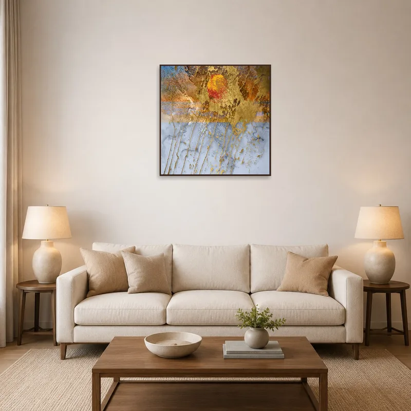 Abstract gold and sunset artwork above a modern sofa in the living room.