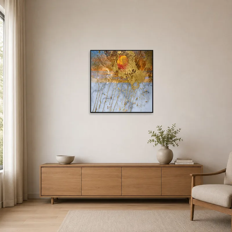 Abstract gold and sunset fusion art in a minimalist white space.