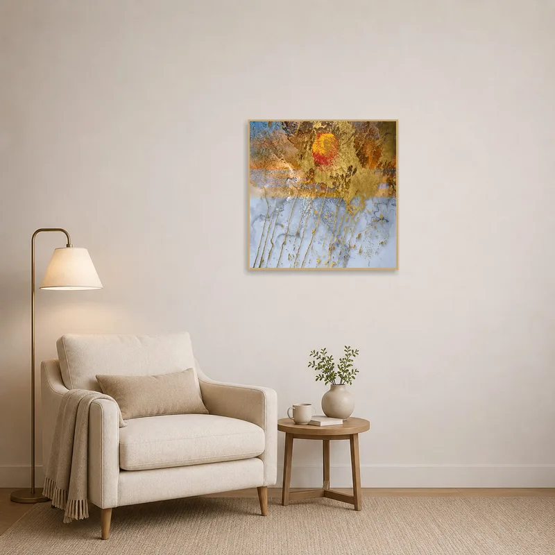Warm, abstract gold and sunset piece by a cozy reading chair.