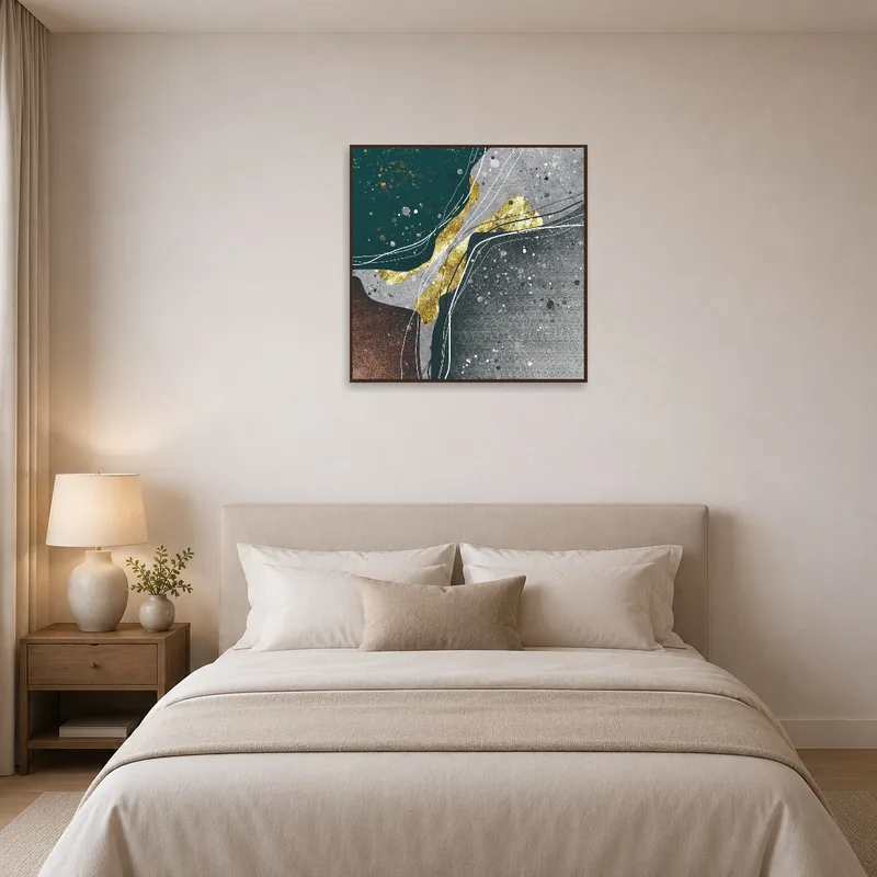 Elegant gold and teal abstract art brings tranquility to the bedroom.