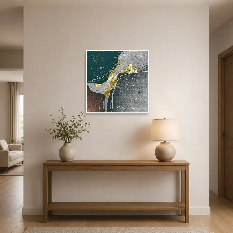 Gold and teal abstract artwork welcomes guests in the entrance hall.