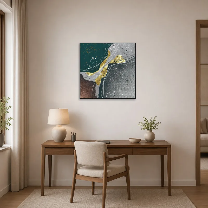 A sophisticated gold and teal abstract work enhances the home office.