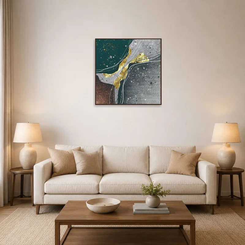 A vibrant abstract gold and teal piece adds elegance to the living room wall.