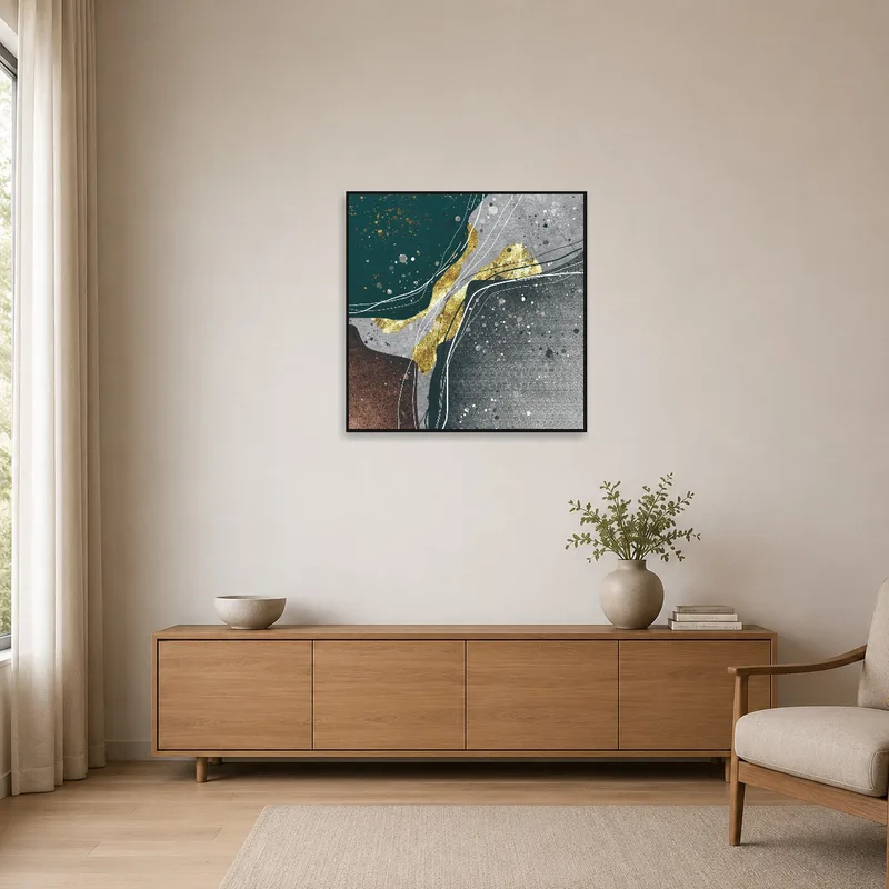 An abstract gold and teal piece stands out in a minimalist room.