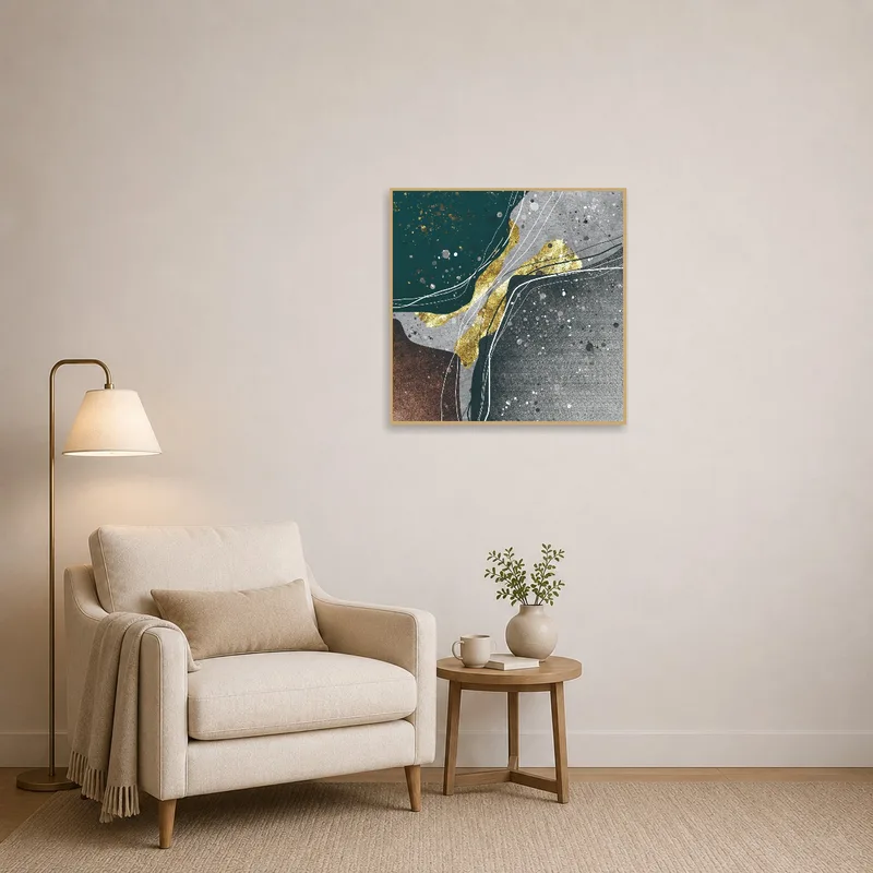 Abstract gold and teal art energizes the reading corner.