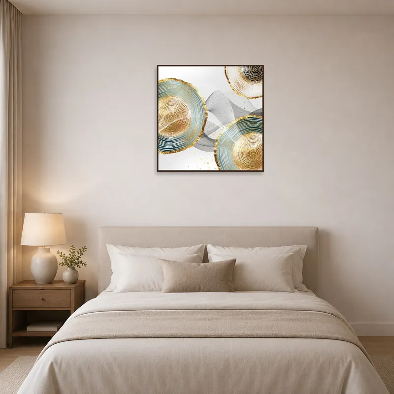The bedroom features an abstract gold and teal ripple print above the bed.