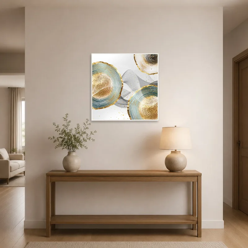 A gold and teal artwork enlivens the entrance hall.