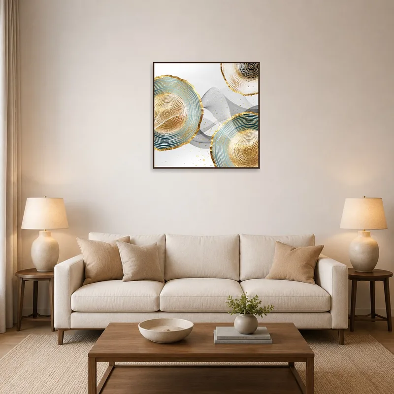 A gold and teal ripple print brightens the living room wall.