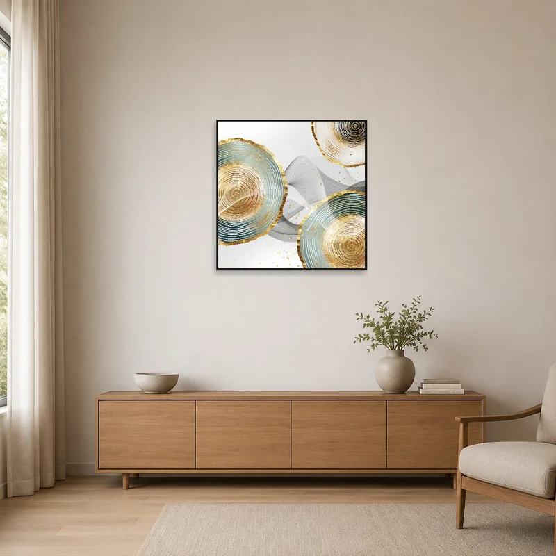 The print adds a splash of color to the minimalist space.