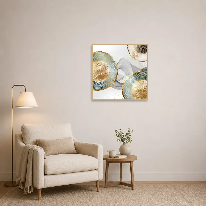 Gold and teal ripples bring vibrancy to the reading corner.