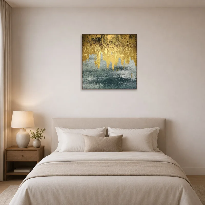 Gold and teal textured canvas adding elegance to a bedroom.