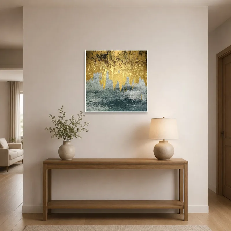 Abstract art piece welcoming guests in a stylish entrance hall.