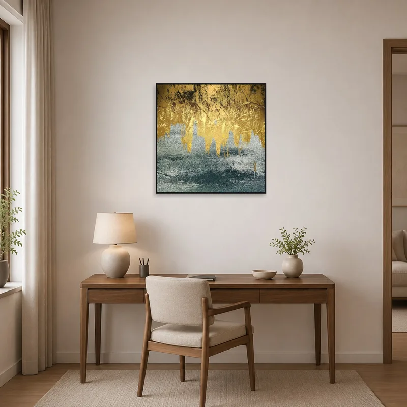 Abstract artwork on the wall of a chic home office.