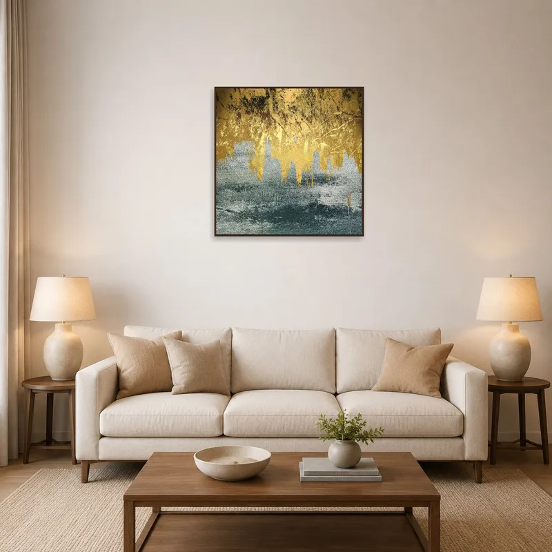 Abstract gold and teal artwork above a modern sofa in a living room.