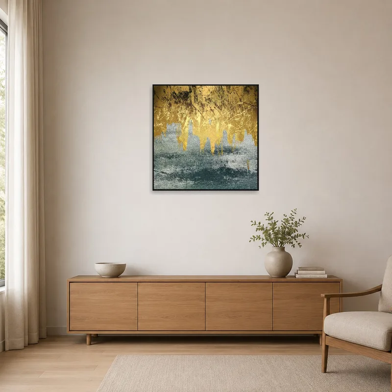 Gold and teal textured canvas on a plain white wall in a minimalist room.