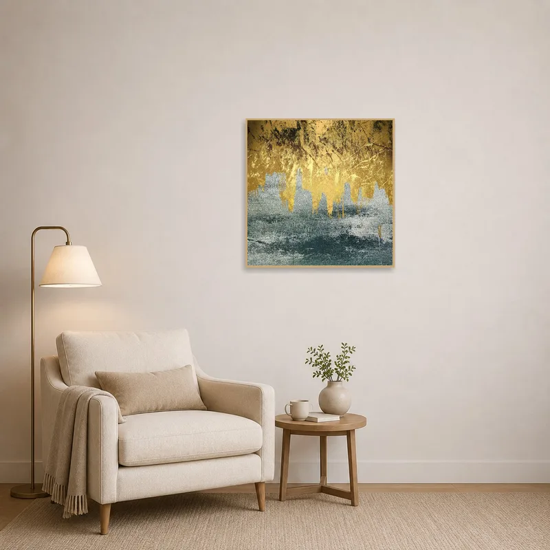 Gold and teal art adding color to a cozy reading corner.