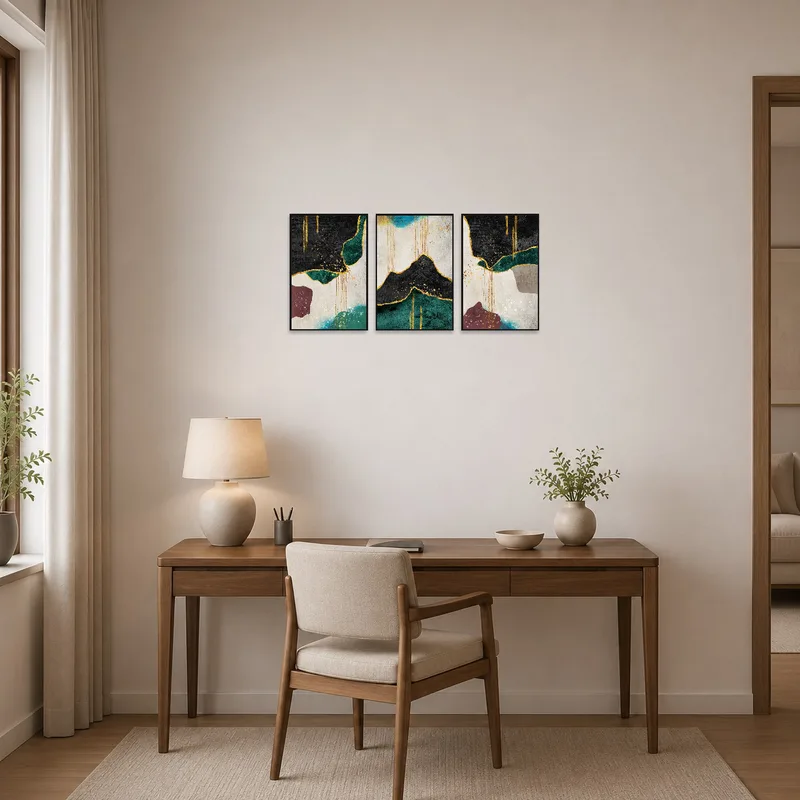 The art set adds a creative flair to the home office's work environment.