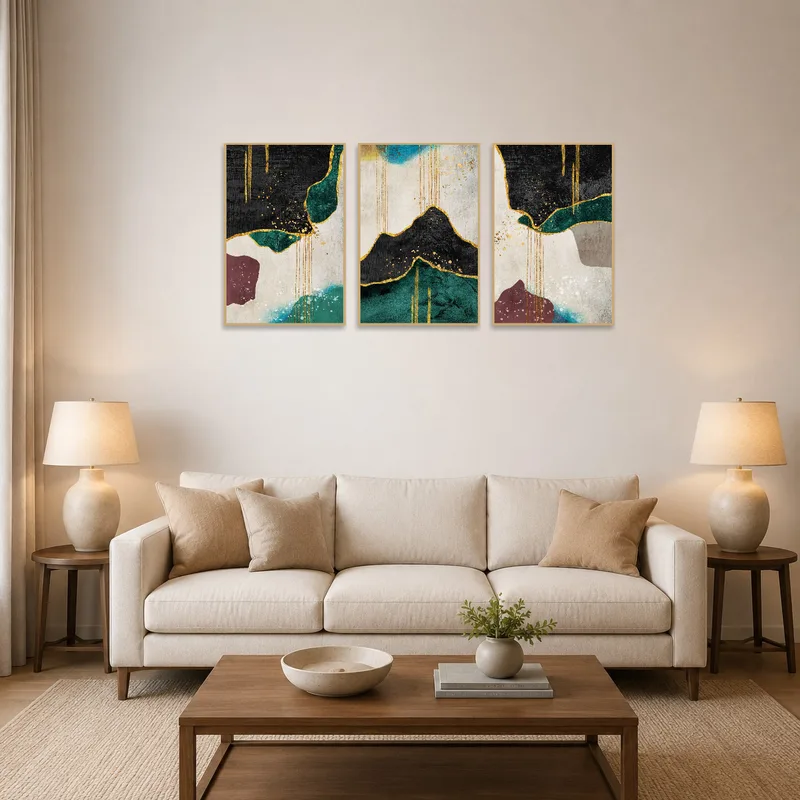 A gold and teal triptych art set adds elegance to the living room wall.