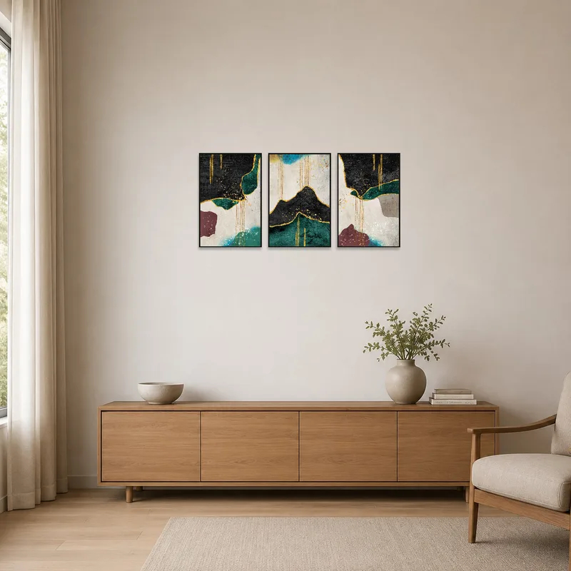 The abstract art set complements the minimalist room's clean lines.