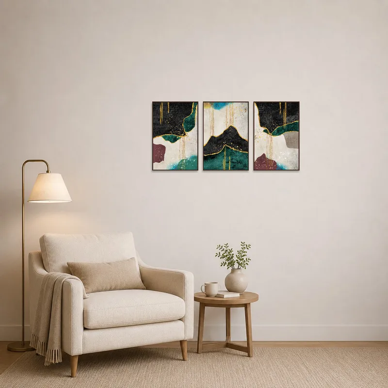 The triptych art set brings a soothing touch to the reading corner area.
