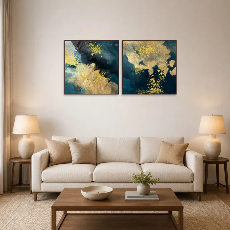 Abstract gold and teal watercolor art set on a living room wall above a modern sofa.