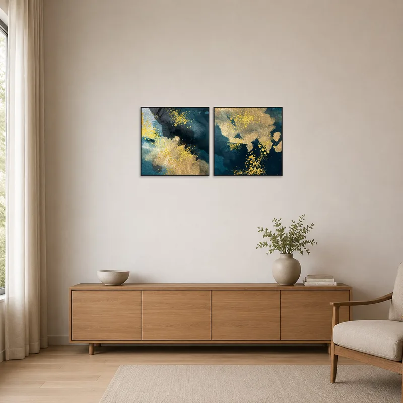 Minimalist room with abstract gold and teal watercolor art adding a pop of color.