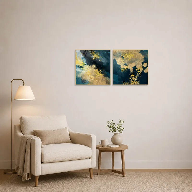 Reading corner accented by abstract gold and teal watercolor artwork.