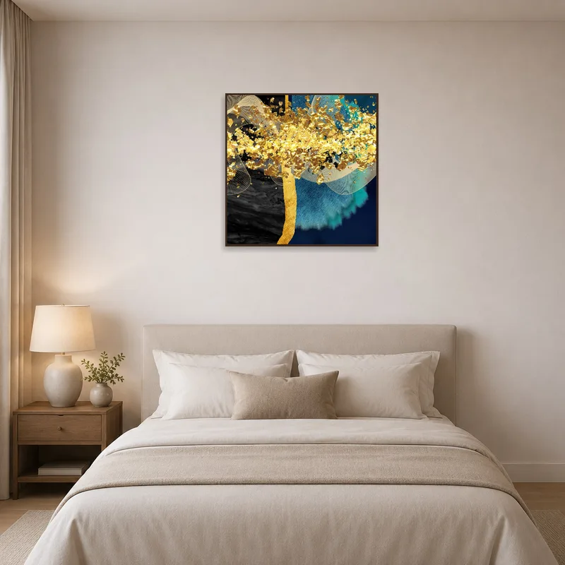 Gold and turquoise abstract artwork in a serene bedroom with soft, relaxing hues.
