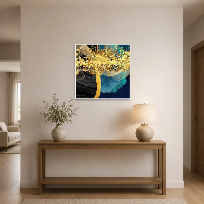 Abstract ripple art greets visitors in an elegant entrance hall with warm lighting.