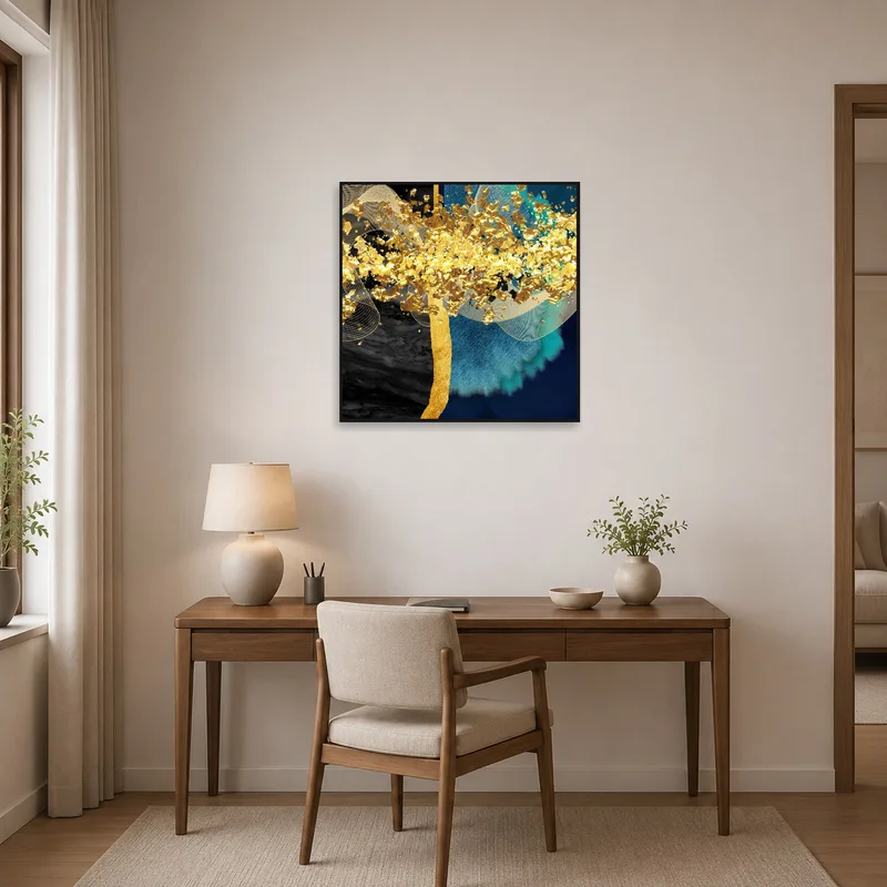 Eye-catching abstract ripple art in a home office with organized desk space.