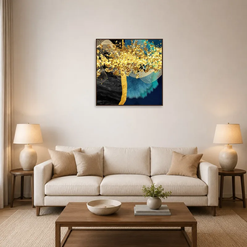 Abstract gold and turquoise artwork on the wall in a modern living room with neutral tones.