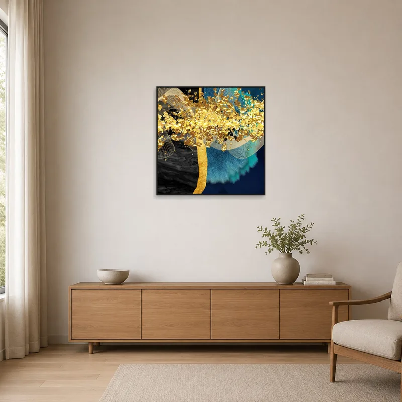 Vibrant gold and turquoise abstract piece in a minimalist room with sleek, simple furniture.