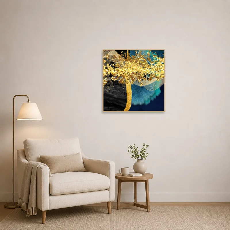 Colorful abstract piece adds energy to a cozy reading corner with a plush chair.