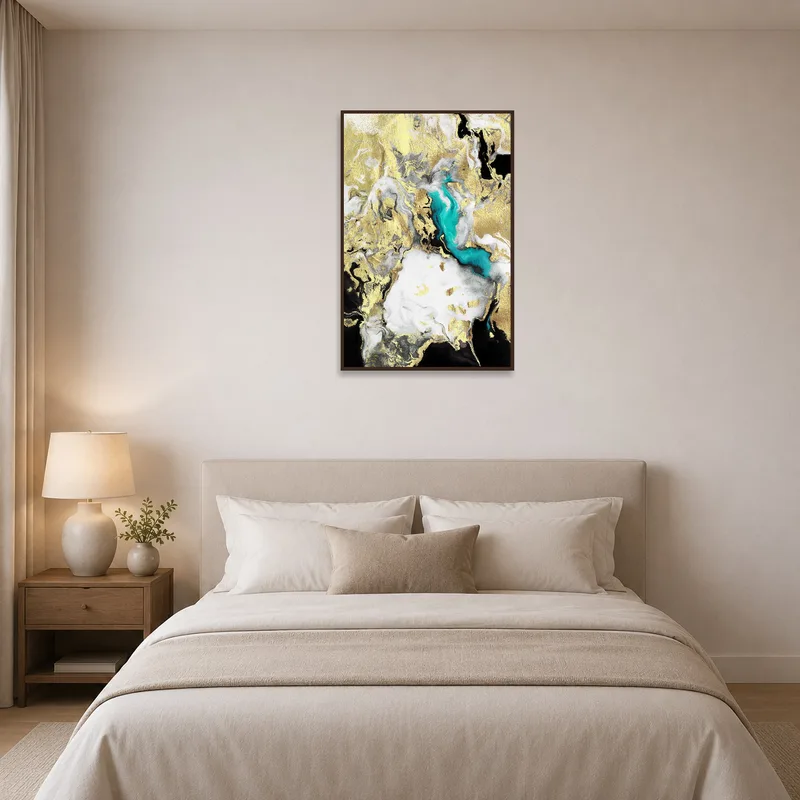 Artwork with gold and turquoise swirls adding elegance to a calm bedroom setting.