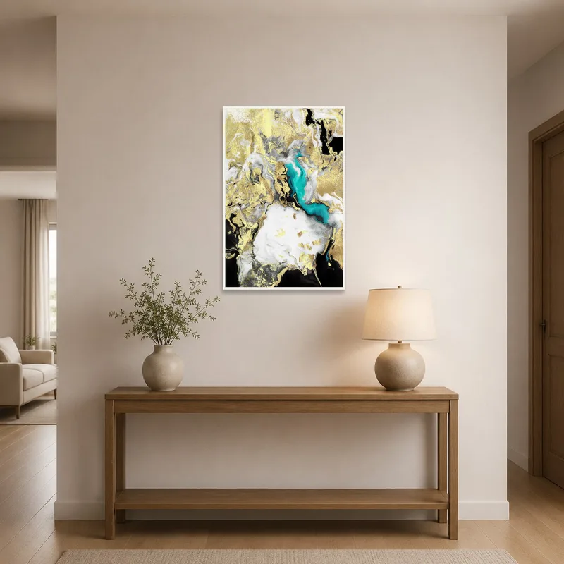 Gold and turquoise swirl artwork greeting guests in a stylish entrance hall.