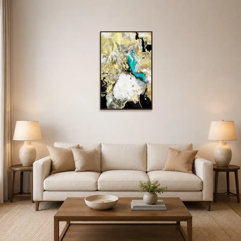 Abstract gold and turquoise swirl artwork on a living room wall with modern furniture.
