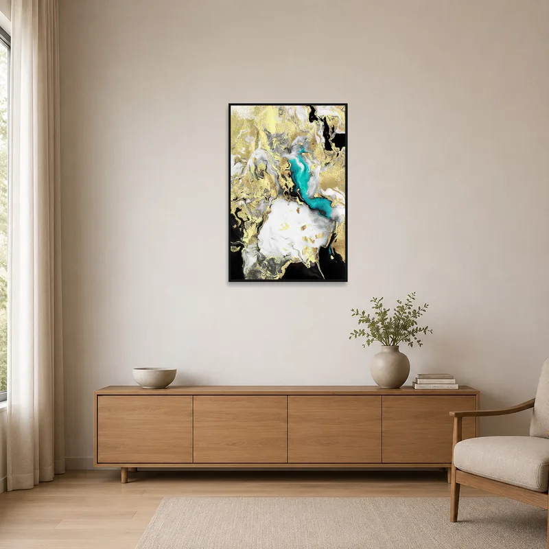 Artwork with gold and turquoise swirls complementing a minimalist room with clean lines.