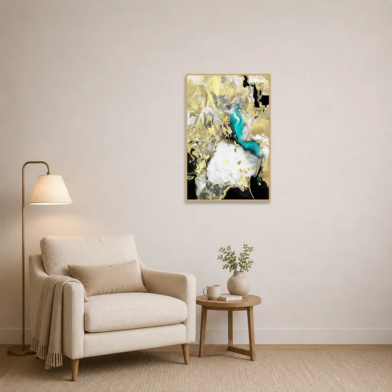 A serene abstract swirl artwork hanging in a cozy reading corner.